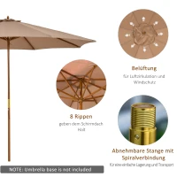 Outsunny Sonnenschirm Ø 300 cm, Sonnenschirm mit UV Schutz Balkonschirm aus Holz Strandschirm stabil Marktschirm Sonnenschutz für Strand Terrasse Garten, Khaki(m-6)