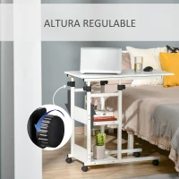 HOMCOM Mesa Auxiliar con Ruedas 80x40 cm Mesa para Sofá en Forma de C con Altura Ajustable 3 Niveles de 72-82 cm Marco de Metal para Salón Cocina Blanco(m-6)