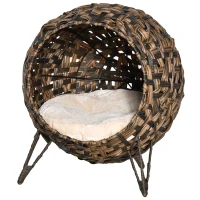 PawHut Panier chat lit surélevé chat cosy niche grotte grand confort dim. Ø 52 x 58H cm coussin moelleux beige inclus résine tressée imitation rotin marron(m-10)