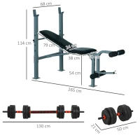 HOMCOM Lot de banc de musculation et haltères courtes total 25 Kg - dossier réglable haltères à poids réglable barres incluses(m-3)