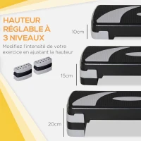 HOMCOM Stepper Fitness Aérobic hauteur réglable 10/15/20 cm surface antidérapante 80 x 31 x 20 cm noir gris(m-4)