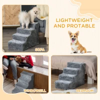 PawHut Four-Step Dog Stairs, with Washable Plush Cover, for High Bed Sofa, Dog Stairs for Small Dog and Cat - Light Grey(m-7)