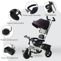 HOMCOM Tricycle Enfant évolutif Pare-Soleil Pliable Canne télescopique Amovible 92 x 51 x 110 cm Acier Violet Blanc(m-7)