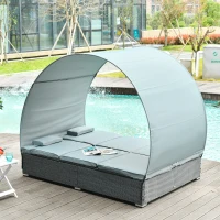Outsunny Poly Rattan Doppelliege Sonnenliege für 2 Personen mit Sonnendach Gartenliege Stahl Polyester Grau 196 x 137 x 36,5 cm(m-2)