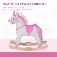 HOMCOM Cavallo a Dondolo in Legno Unicorno Giocattolo Cavalcabile Bambini Peluche 78 × 28 × 68cm Rosa(m-4)