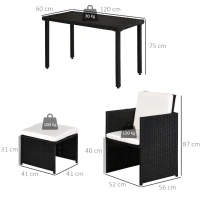 Outsunny 2 Seater Rattan Cube Garden Furniture Set, Rattan Dining Set with Cushions, Outdoor Dining Table and Chairs with 2 Armchairs, 2 Stools, Rectangular Glass Top Table for Patio, Balcony, Black(m-3)