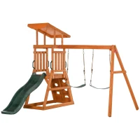 Outsunny Set con Scivolo, 2 Altalene da Giardino e Parete da Arrampicata in Legno per Bambini Età 3-8 Anni(m-10)