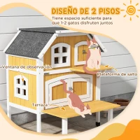 PawHut Caseta para Gatos de 2 Niveles 78x82x93 cm Refugio para Gatos con Techo Asfáltico Terraza y Plataforma de Salto Natural(m-5)