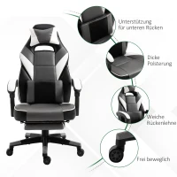 Vinsetto Ergonomischer Bürostuhl, Gaming Stuhl, Drehstuhl mit Lendenkissen und Fußstütze, Kunstleder, Grau, Weiß, Schwarz, 68 x 70 x 120-127 cm(m-5)