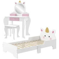 ZONEKIZ Kids Bedroom Furniture Set with Kids Dressing Table with Mirror and Stool, Toddler Bed Frame for 3-6 Years, Unicorn Design(m-11)