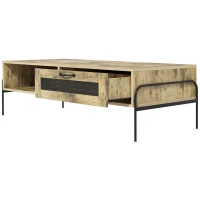 HOMCOM Table Basse rectangulaire table de salon Style Industriel Niche tiroir Coulissant métal Noir Panneaux Particules Aspect Vieux Bois veinage(m-7)