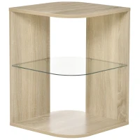HOMCOM Mesita Auxiliar de Salón Moderna Mesilla de Noche con 3 Estantes Tablero de Cristal Mesita de Café para Sala de Estar Dormitorio 40x40x56 cm Madera Natural(m-1)