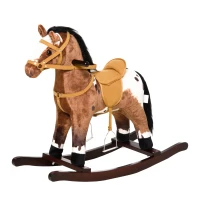 HOMCOM Kids Toy Rocking Horse Wood Plush Pony Handle Ride on Animal Wooden Riding Traditional Rocker Gift w/Neigh Sound (Dark Brown Horse)(m-11)