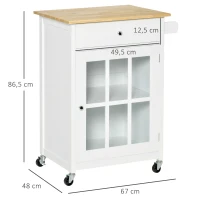 HOMCOM Desserte de cuisine à roulettes multi-rangement - placard porte vitrée avec étagère réglable, tiroir, porte-torchon - blanc aspect chêne clair(m-3)