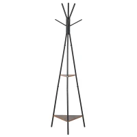 HOMCOM Porte-manteau trépied style industriel branches 2 étagères + 6 patères dim. 52L x 46l x 182H cm métal noir panneaux particules boisés(m-1)