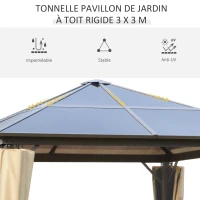 Outsunny Tonnelle pavillon de jardin avec toit rigide polycarbonate imperméable 4 parois latérales anti-UV moustiquaires 3 x 3 m marron et kaki(m-4)