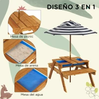 Outsunny Mesa y 2 Bancos Infantiles de Madera con Sombrilla y Arenero para Jardín Patio 89x80,5x142,5 cm Teca(m-4)