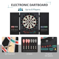 HOMCOM Electronic Dartboard Set, 27 Games Modes and 202 Variations, LED & 12 Soft Tip Darts and Cabinet to Storage, Ready-to-Play Multi-Game Option Darts Machine(m-4)