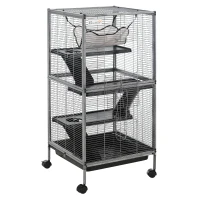 PawHut Parque para Mascotas con Ruedas 2 Puertas 3 Rampas Hamaca Colgante y Bandeja Extraíble para Cobayas 52x52x113,5cm Gris(m-10)