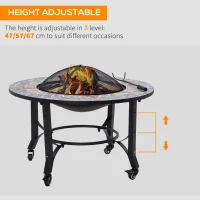 Outsunny 3-in-1 Outdoor Fire Pit on Wheels, Mosaic Garden Table, Patio Heater with Cooking BBQ Grill, Firepit Bowl with Screen Cover, Fire Poker for Backyard Bonfire(m-5)