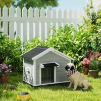 PawHut Wooden Dog House Outdoor with Openable Roof, Removable Floor, Curtain, Elevated Feet, for Medium Dogs, Light Grey(m-2)