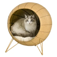 PawHut Cama de Ratán para Gatos Cueva de Mimbre para Gatos Mascotas Pequeñas con Cojín Acolchado Suave y Base Trípode Diseño Elevado Ø52x58 cm Marrón Claro(m-10)