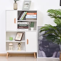 HOMCOM Sideboard Bookshelf Free Standing Bookcase Shelves Unit Display Storage Cabinet w/ Adjustable Shelves, Wooden Leg, Two Doors, White(m-8)
