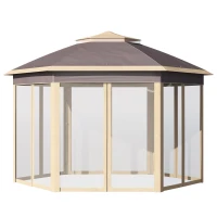 Outsunny Carpa Plegable 4x3,4x2,85 m Altura Ajustable Cenador de Jardín Hexagonal con Doble Techo Mosquiteras Extraíbles y Bolsa de Transporte Impermeable Gazebo para Exterior Fiestas Beige(m-10)