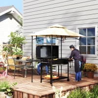 Outsunny 8' x 5' Grill Gazebo, Double Tiered BBQ Gazebo Shelter Canopy with LED Lights, 2 Side Shelves, Hooks, Beige(m-9)