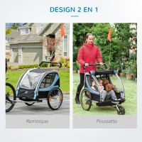 HOMCOM Remorque vélo pour enfant 2 en 1 convertible jogger poussette capacité 26,4 kg avec réflecteurs et drapeau - 2 places  - bleu(m-4)