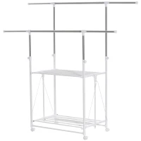 HOMCOM Perchero Plegable para Ropa con Ruedas Barras para Colgar Extensibles Altura Ajustable y 2 Estantes Tendedero de Ropa Tipo Torre 88-157x50x95-160 cm Blanco(m-10)
