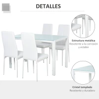 HOMCOM Conjunto de Comedor de Mesa y 4 Sillas 5 Piezas Mesa Rectangular de Vidrio Templado y Sillas Tapizadas en PU Blanco(m-5)