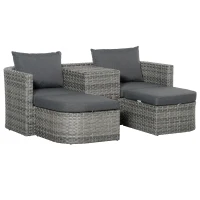 Outsunny 3 Piece Rattan Garden Furniture Set with Cushions, Patio Wicker Conversation Double Chaise Lounge Furniture Set with Convertible Middle Table, Mixed Grey(m-1)
