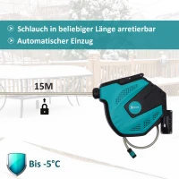 DURHAND Wandschlauchbox Schlauchtrommel 180° schwenkbar mit Multibrause Frostschutz -5–45 °C Kunststoff Grün + Schwarz 15 m(m-5)