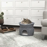 PawHut 2-Tier Wicker Cat House Elevated Pet Bed Basket Willow Kitten Tower Pet Den. with Washable Cushions 56x37x40cm Grey(m-10)