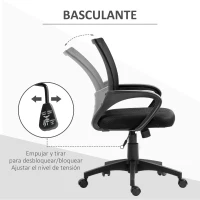 HOMCOM Silla de Escritorio de Malla Giratoria con Altura Ajustable Función de Basculante y Reposabrazos Carga 120 kg Negro(m-5)