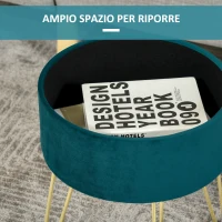 HOMCOM Pouf Contenitore 2 in 1 con Funzione Sgabello e Tavolino, in Legno e Tessuto Verde, Metallo con Finitura Oro, 36x36x45cm(m-6)