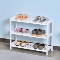 HOMCOM 3-Tier Shoe Rack Wood Frame Slatted Shelves Spacious Open Hygienic Storage Home Hallway Furniture Family Guests 70L x 26W x 57.5H cm - White(m-7)