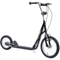 HOMCOM Patinete 135x58x92-100 cm 2 Ruedas 16/12 pulgadas con 2 Frenos Scooter + Caballete Negro(m-9)