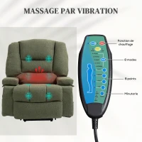 HOMCOM Fauteuil releveur relax électrique, fonction massage et chaleur, inclinaison réglable, repose-pied, télécommandes, vert(m-5)