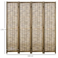 HOMCOM Biombo de 4 Paneles Plegable 160x1,8x170 cm Separador de Ambientes de Madera y Carrizo Natural(m-3)