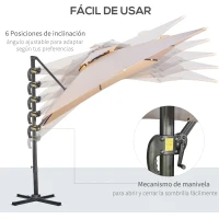 Outsunny Sombrilla de Jardín con Manivela Techo Doble Inclinable Poste Giratorio 360° y Base Cruzada 295x295x275 cm Caqui(m-4)