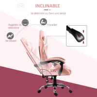 Vinsetto Chaise gaming fauteuil de bureau chaise gamer avec appui-tête ergonomique hauteur réglable dossier inclinable jusqu'à 135° 63 x 67 x 119-127 cm rose(m-5)