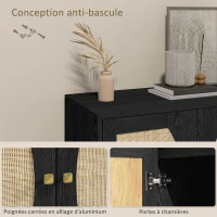 HOMCOM Buffet de cuisine meuble de rangement design bohème double portes avec 2 niveaux, façade en rotin 80 x 38 x 79 cm noir(m-7)
