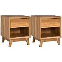 HOMCOM Modern Bedside Table Nightstand, Living Room End Table, Side Table with Drawer and Shelf, Set of 2, Walnut Brown(m-1)