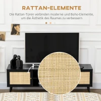 HOMCOM TV-Bank im Boho-Design, TV-Schrank, Rattanelemente, 1 Regalboden, 2 Schränke, Schwarz + Natur(m-4)