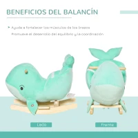 HOMCOM Caballito Balancín Forma Ballena para Niños de 18-36 Meses Mecedora de Felpa con Sonidos Cinturón de Seguridad y Reposapiés 60x33x50 cm Turquesa(m-5)
