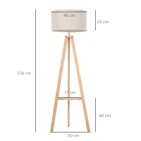 HOMCOM Lampada da Terra con Ripiano Intermedio Paralume in Lino Interruttore a Pedale Risparmio Energetico Altezza 154cm, Legno, 50x50x154 cm(m-3)