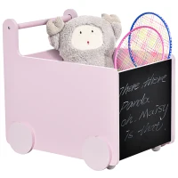 HOMCOM Caja de Almacenamiento de Juguetes Infantil con Ruedas Asa y 2 Pizarras de Escritura Baúl de Almacenaje para Habitación de Niños Guardería Sala de Juegos 47x35x45,5 cm Rosa(m-1)