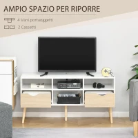HOMCOM Mobile TV Moderno con Cassetti e Vani Aperti per TV fino 50'', Mobiletto TV Basso da Salotto con Gambe in Legno, 117x39x57cm, Bianco(m-5)